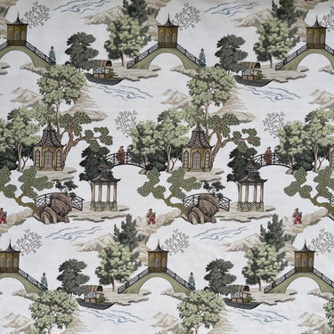 Scenic garden fabric with oriental bridges and rivers